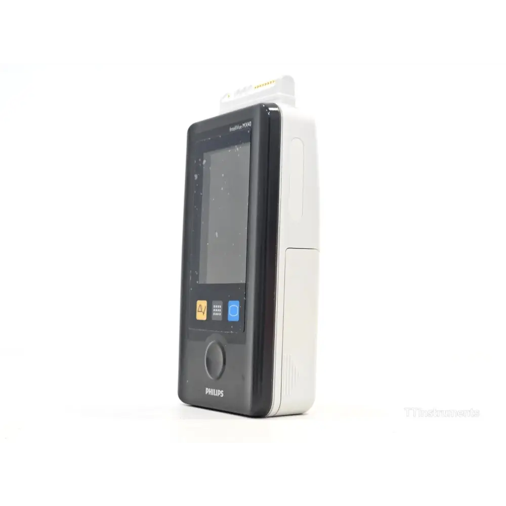 Philips IntelliVue MX40-2B4 screen displaying ECG waveform and patient parameters