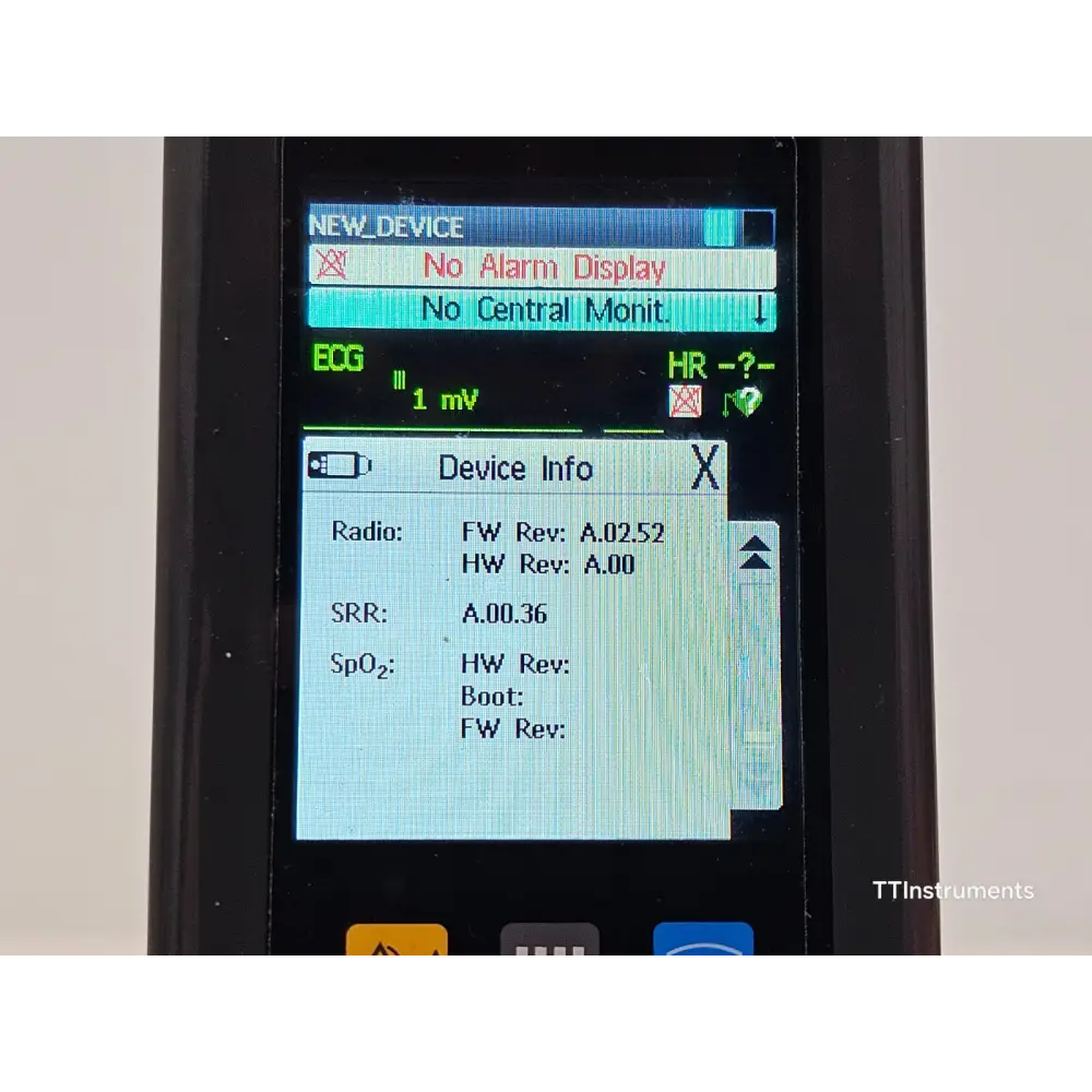 Philips MX40 wearable monitor options screen showing S01 ECG and C01 Enhanced Arrhythmia