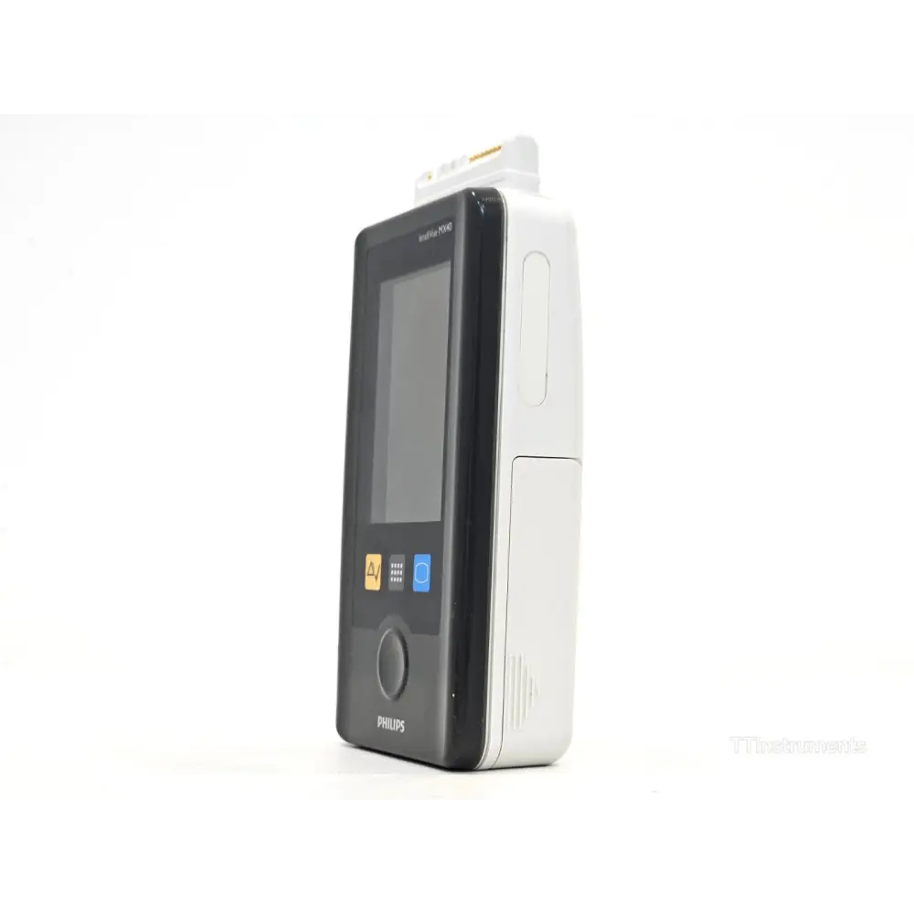 Philips IntelliVue MX40-2B4 patient monitor left-side profile view showing battery compartment and speaker grille