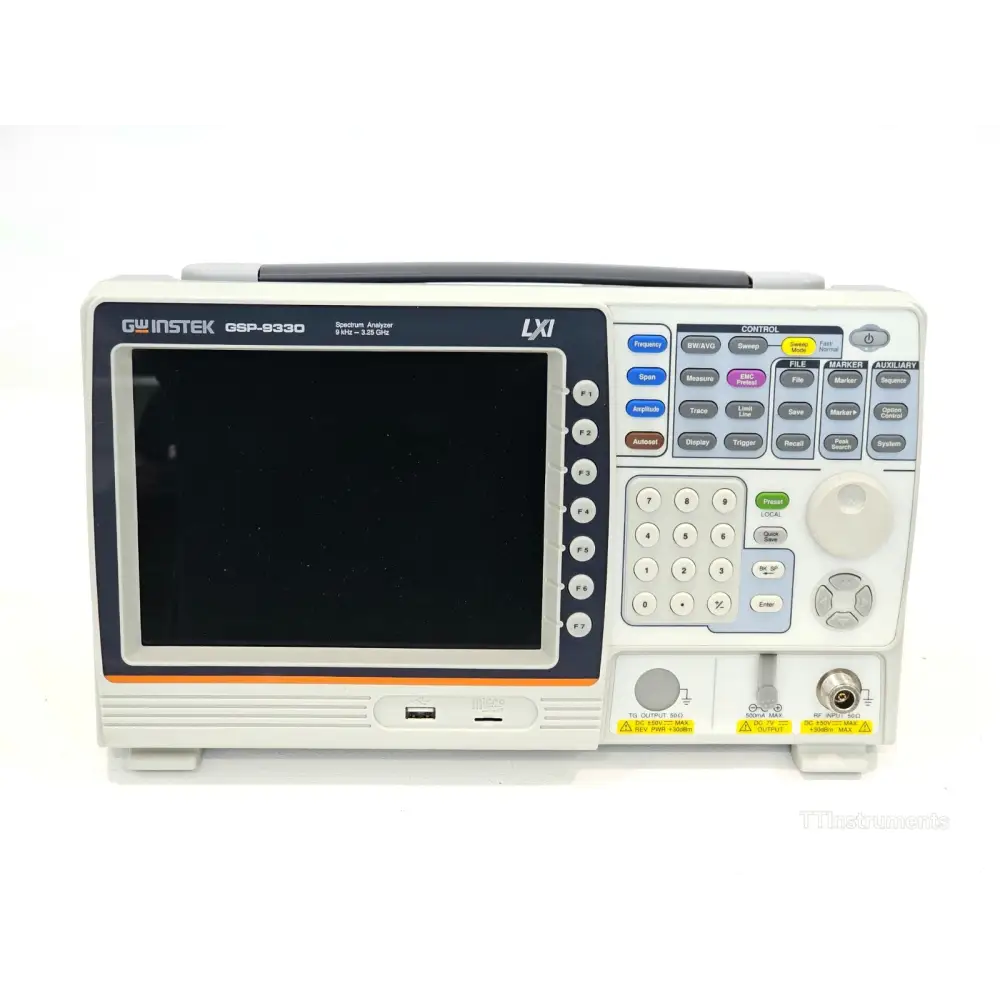 GW Instek GSP-9330 spectrum analyser right-side view showing ventilation and chassis