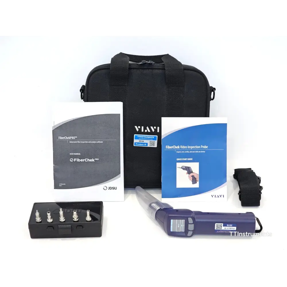 Viavi FiberChek fibre optic inspection probe front view with carry case