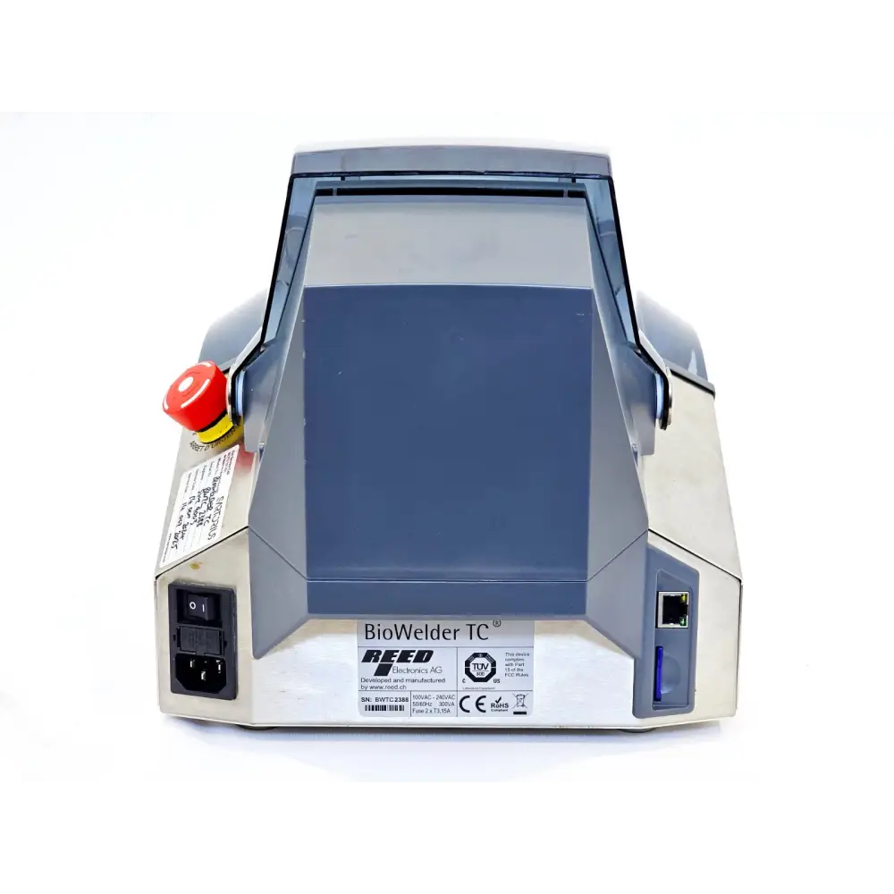 Sartorius BioWelder TC rear panel showing IEC power inlet, mains switch, Ethernet port, SD card slot and Reed Electronics label
