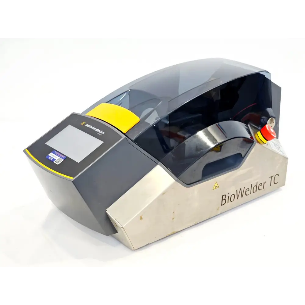 Sartorius BioWelder TC right-side angled view showing BioWelder TC branding on base, touchscreen panel and red emergency stop