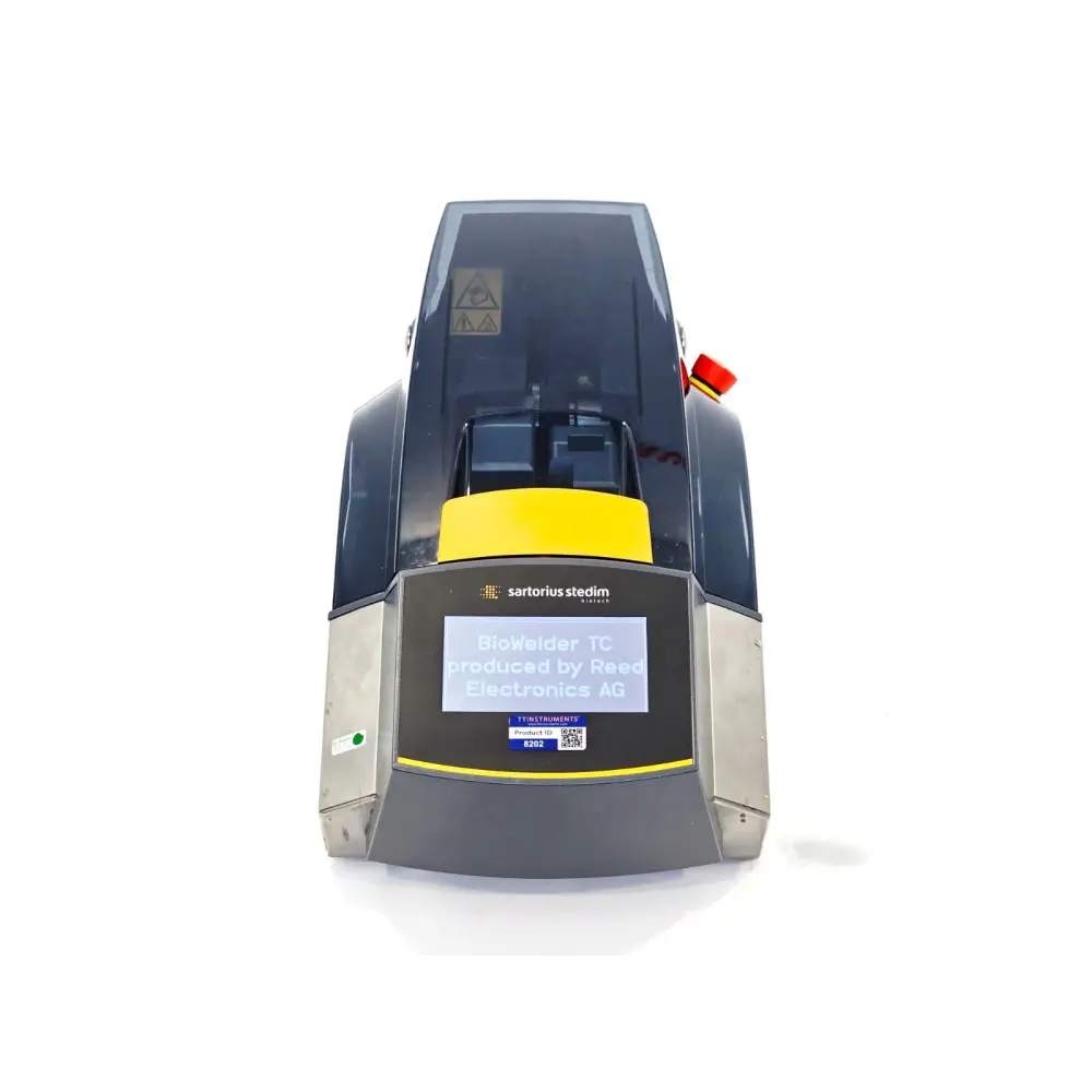 Sartorius Stedim BioWelder TC front view showing LCD touchscreen displaying model name, yellow handle and TT Instruments label