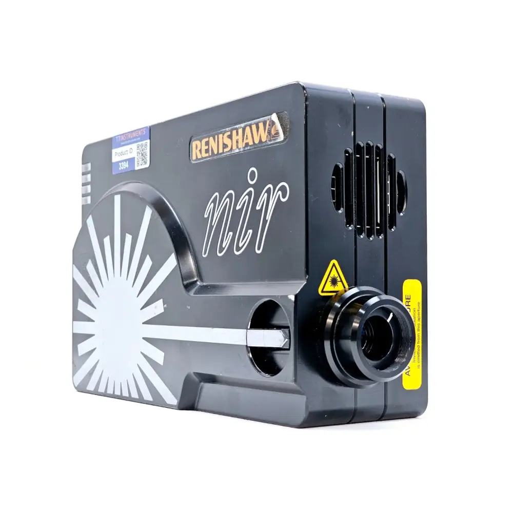 Renishaw HPNIR830 right-side view showing laser output aperture, warning labels and ventilation slots