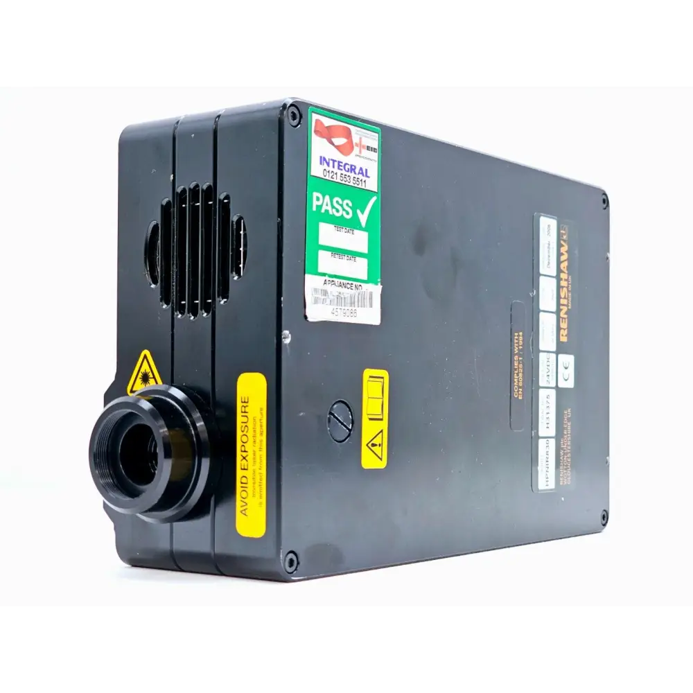 Renishaw HPNIR830 left-side rear view showing PAT pass sticker, laser aperture, Avoid Exposure warning label