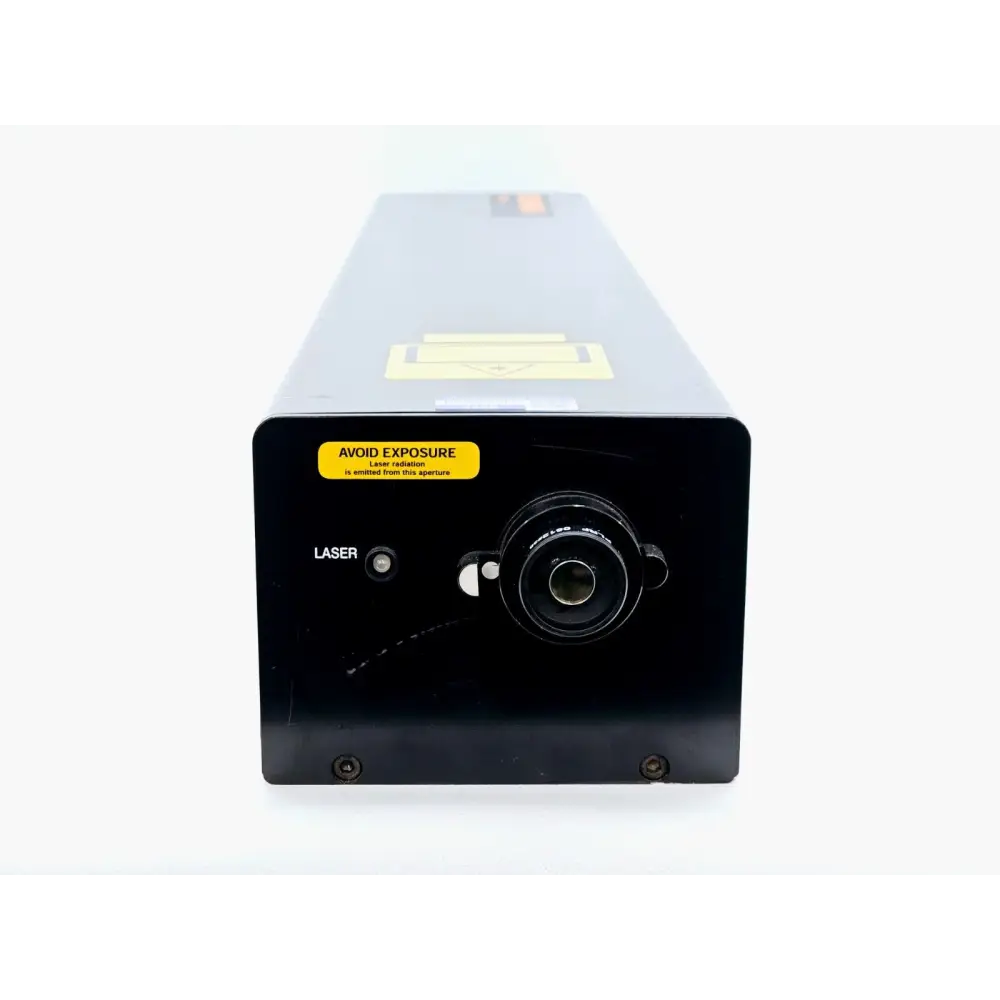 Renishaw RL633 HeNe laser — output aperture end showing laser port, LASER indicator LED and avoid exposure label