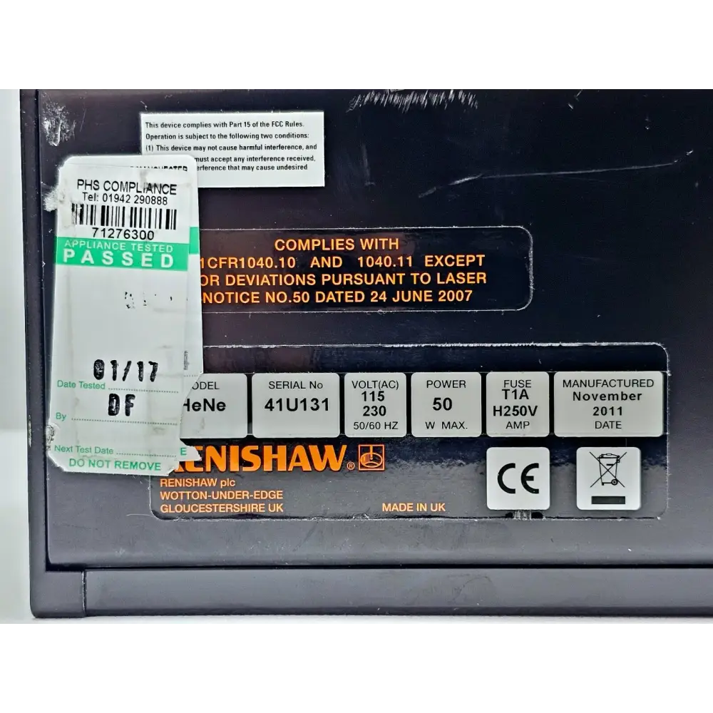 Renishaw RL633 HeNe laser — serial number label showing S/N 41U131, HeNe type, 115/230V, 50W, MFD November 2011