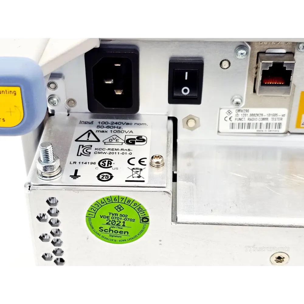 CMW290 rear panel close-up showing IEC mains inlet 100-240V 1050VA, power switch, and VDE electrical safety test sticker 2021