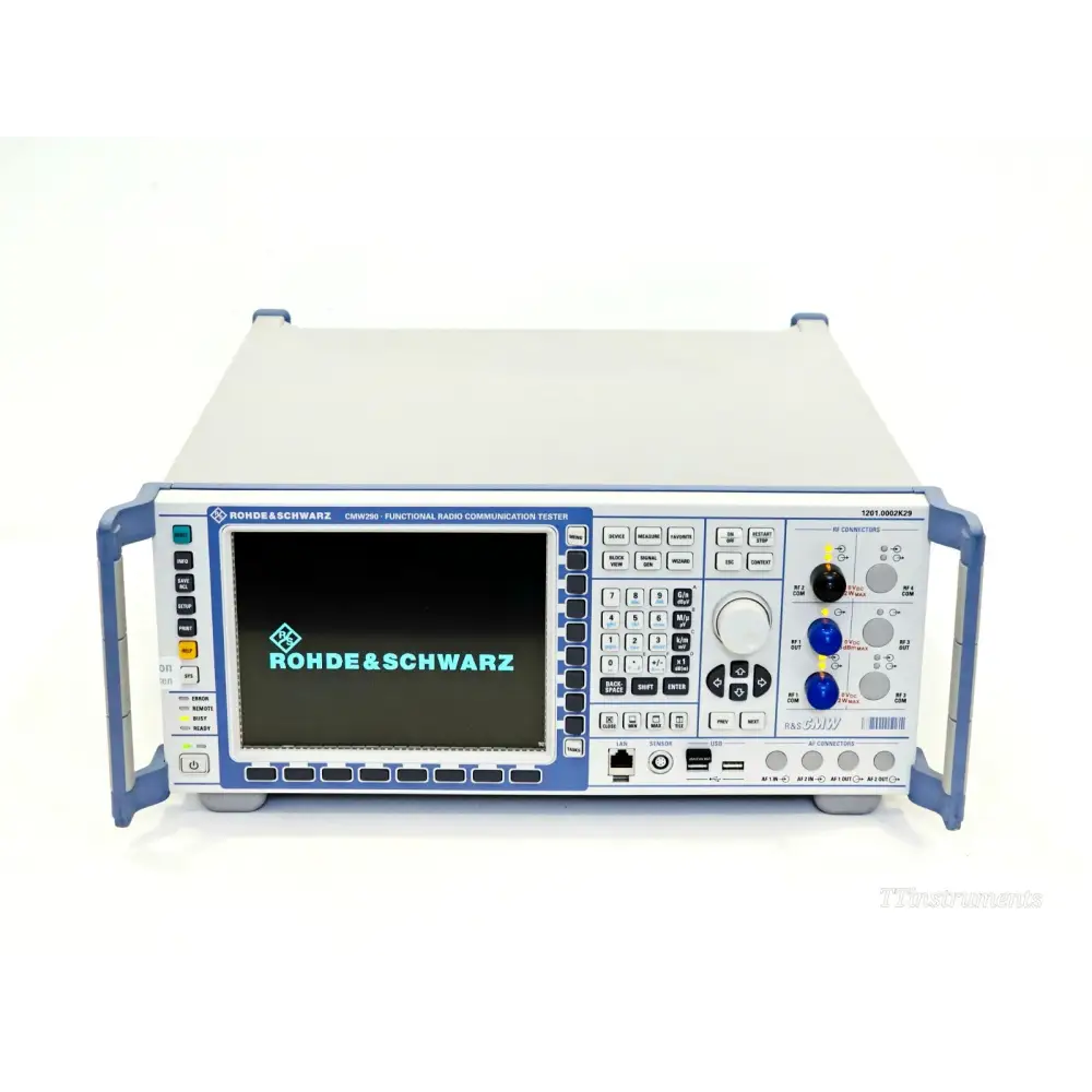 Rohde & Schwarz CMW290 functional radio communication tester front panel view showing TFT display, keypad, and RF connectors