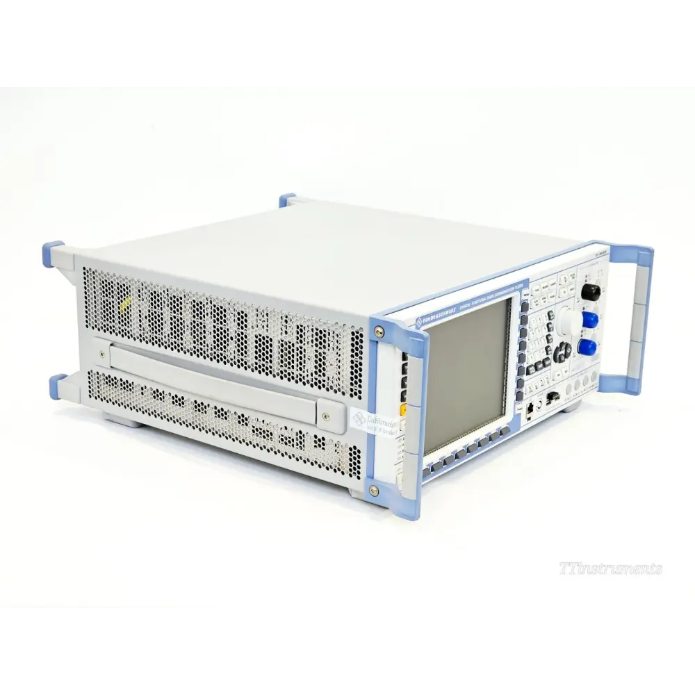 Rohde & Schwarz CMW290 1201.0002K29 three-quarter left view showing top ventilation, calibration sticker, and front panel controls