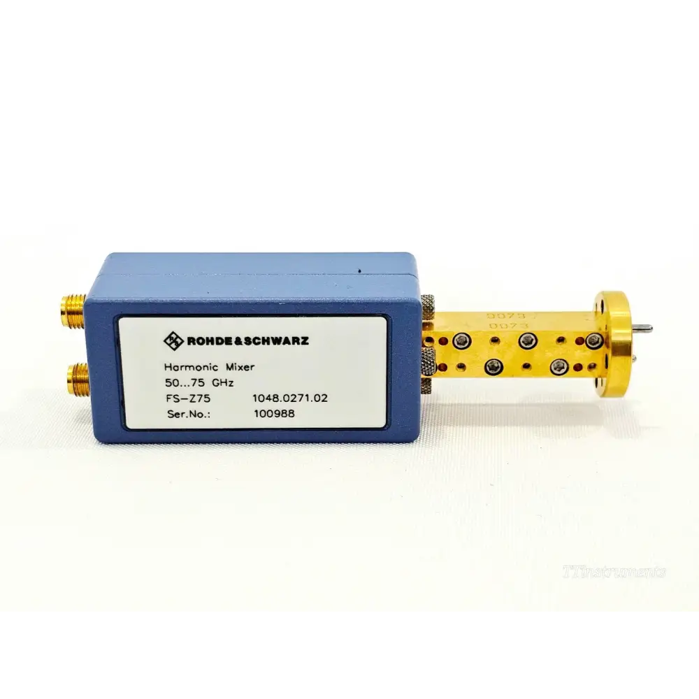 Rohde & Schwarz FS-Z75 harmonic mixer side view showing label with S/N 100988, WR-15 waveguide and gold flange