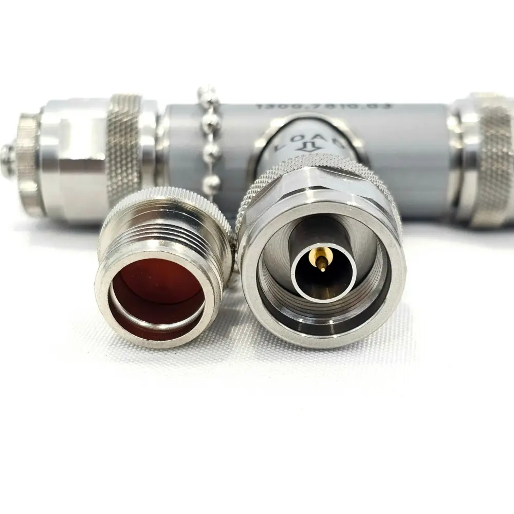 Rohde & Schwarz FSH-Z28 angled view showing N male connector pin detail alongside uncapped female port
