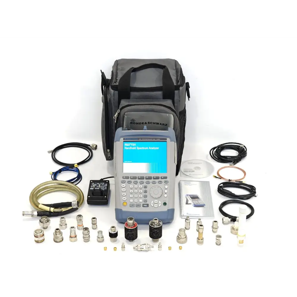 Rohde & Schwarz FSH4 spectrum analyzer with full accessory set: carry case, RF cables, adapters, power supply, CD and manual