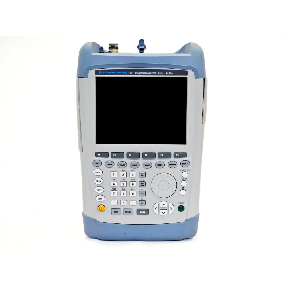 Rohde & Schwarz FSH4 spectrum analyzer front panel showing 9 kHz–3.6 GHz label, colour display, keypad and rotary knob