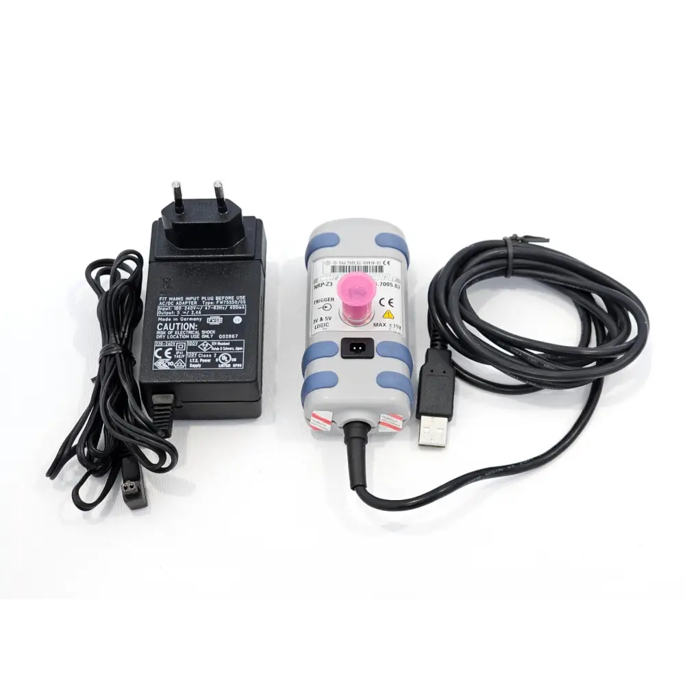 Rohde & Schwarz NRP-Z3 USB adapter with attached USB cable and EU AC/DC power supply, overhead view