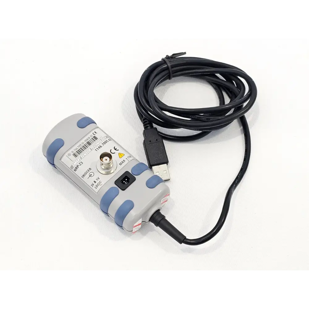 R&S NRP-Z3 USB adapter angled view showing BNC trigger input, Smart Sensor Technology label and USB cable