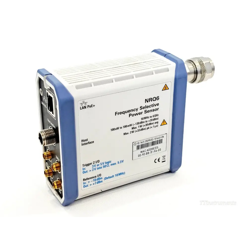 R&S NRQ6 power sensor rear-right view showing LAN PoE+ port, Host Interface, Trigger 2 I/O, Reference I/O connectors and MAC address label