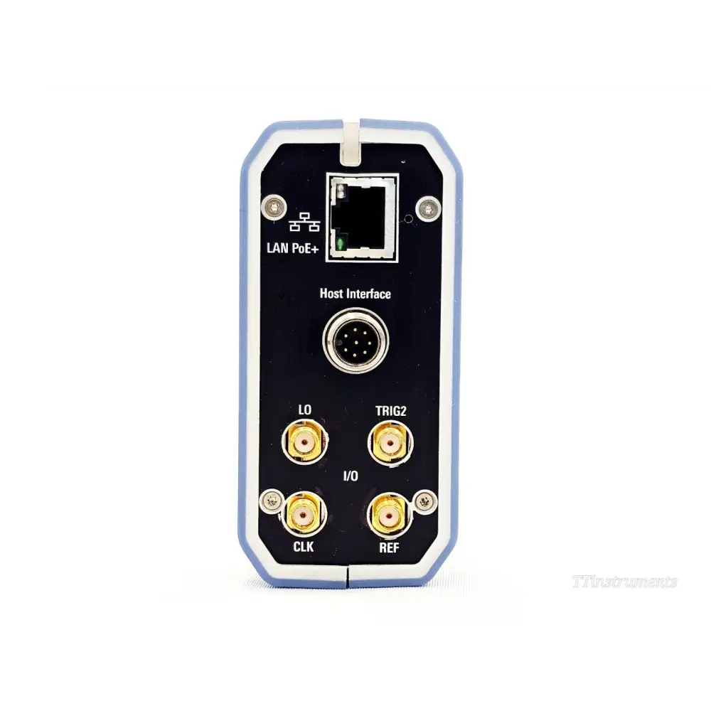 Rohde Schwarz NRQ6 rear panel view showing LAN PoE+ RJ45 port, Host Interface multi-pin connector, LO, TRIG2, CLK and REF SMA connectors