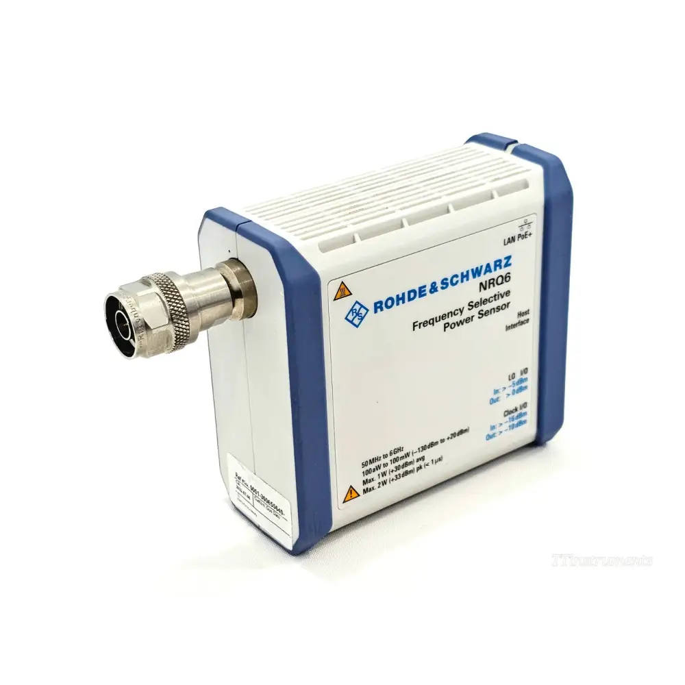 Rohde & Schwarz NRQ6 frequency selective power sensor front-right angle showing N-type RF connector and LAN PoE+ label
