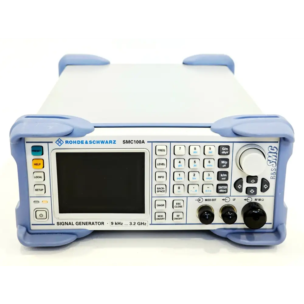 Rohde & Schwarz SMC100A 9 kHz–3.2 GHz signal generator front panel direct view, screen off, all controls visible