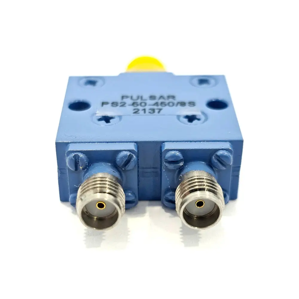 Rohde & Schwarz ZV-Z1227 rear view showing two SMA female output ports with gold-pin contacts uncapped