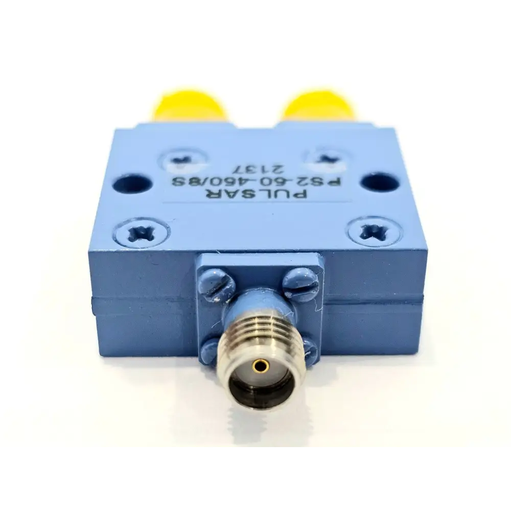 Pulsar PS2-50-450/8S ZV-Z1227 side view showing single SMA female input port with gold-pin contact, blue housing
