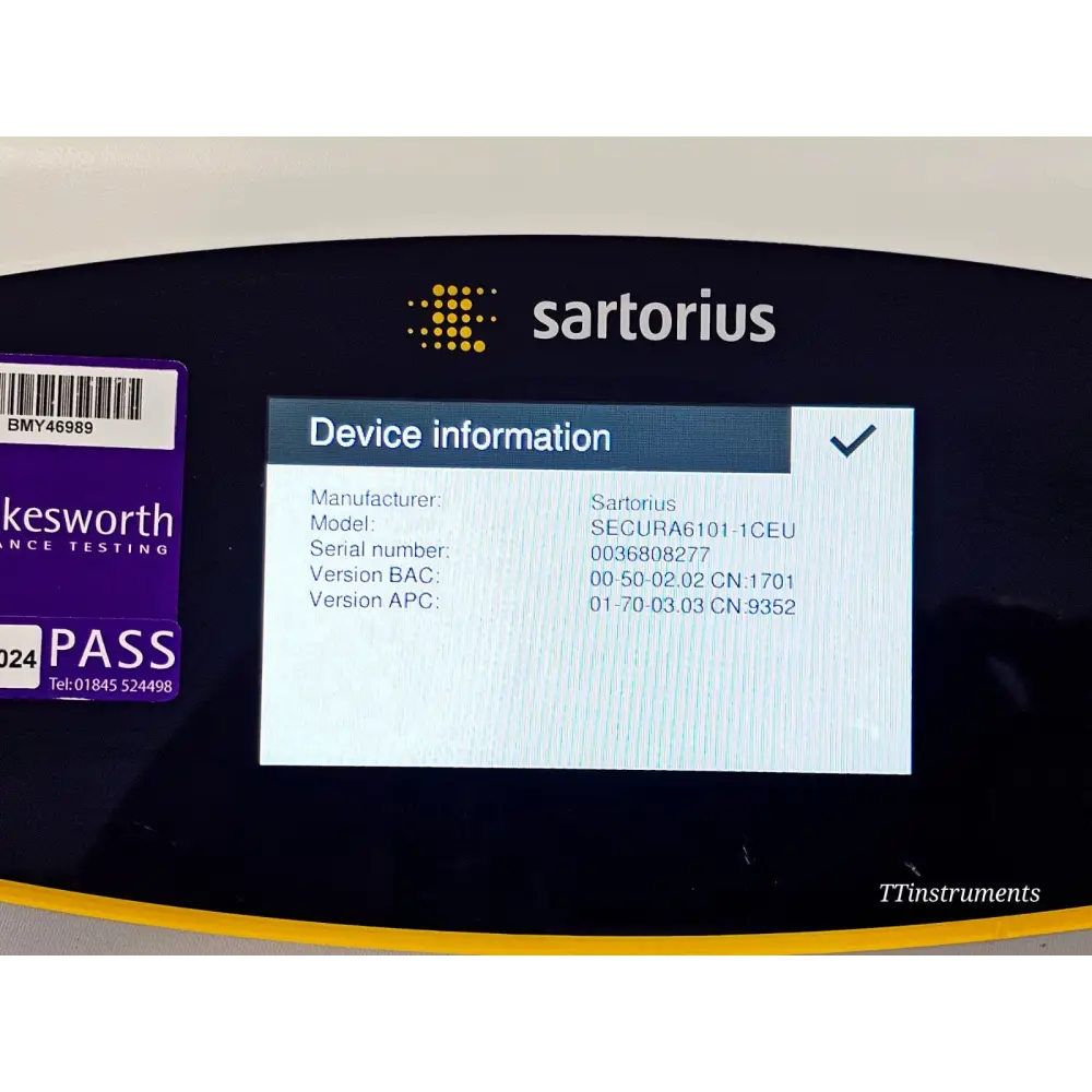 Sartorius SECURA6101-1CEU device information screen showing model, serial number 0036808277, firmware BAC and APC versions