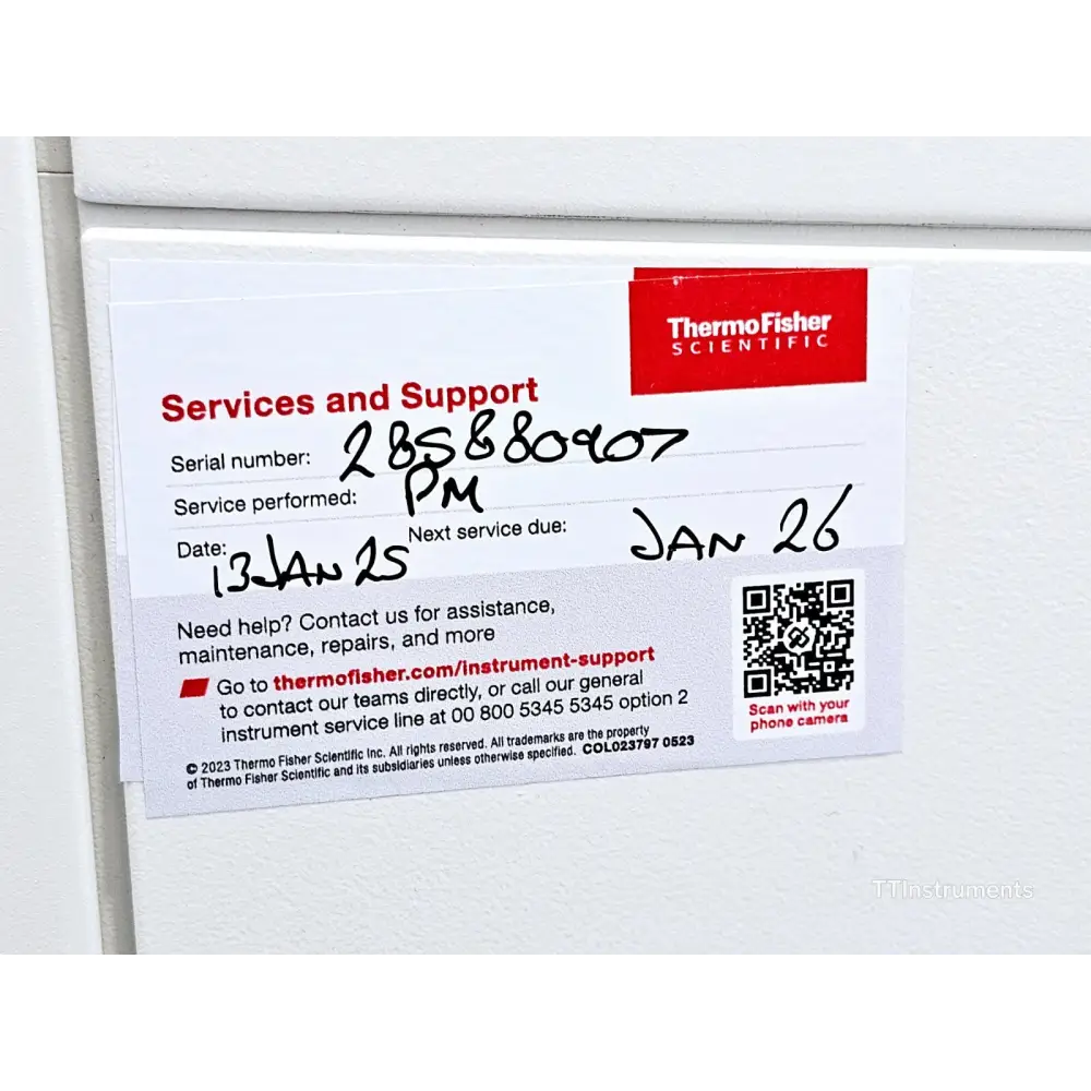 Thermo Fisher Scientific service label showing preventive maintenance performed 13 Jan 2025 next due Jan 2026