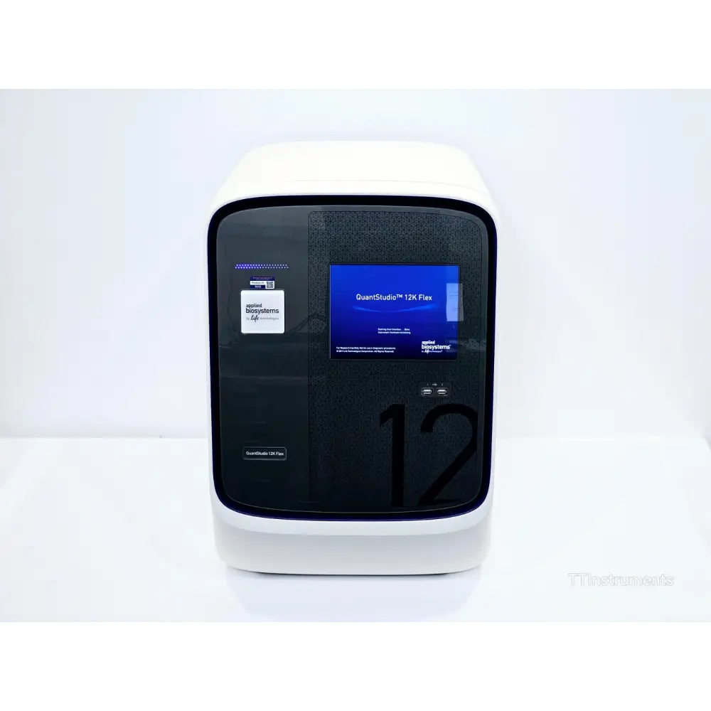 Applied Biosystems QuantStudio 12K Flex Real-Time PCR System front view with touchscreen powered on