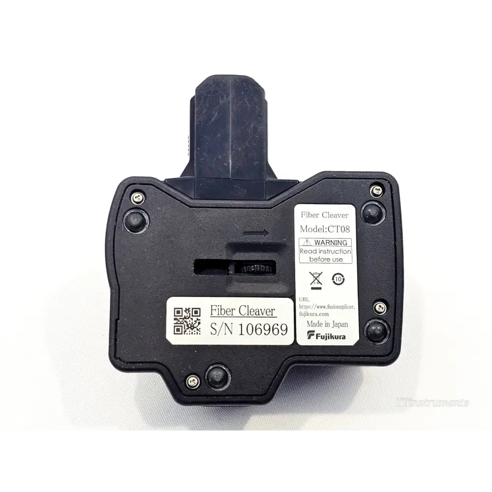 Fujikura CT08 fibre cleaver underside label showing model CT08, serial number 106969, Made in Japan