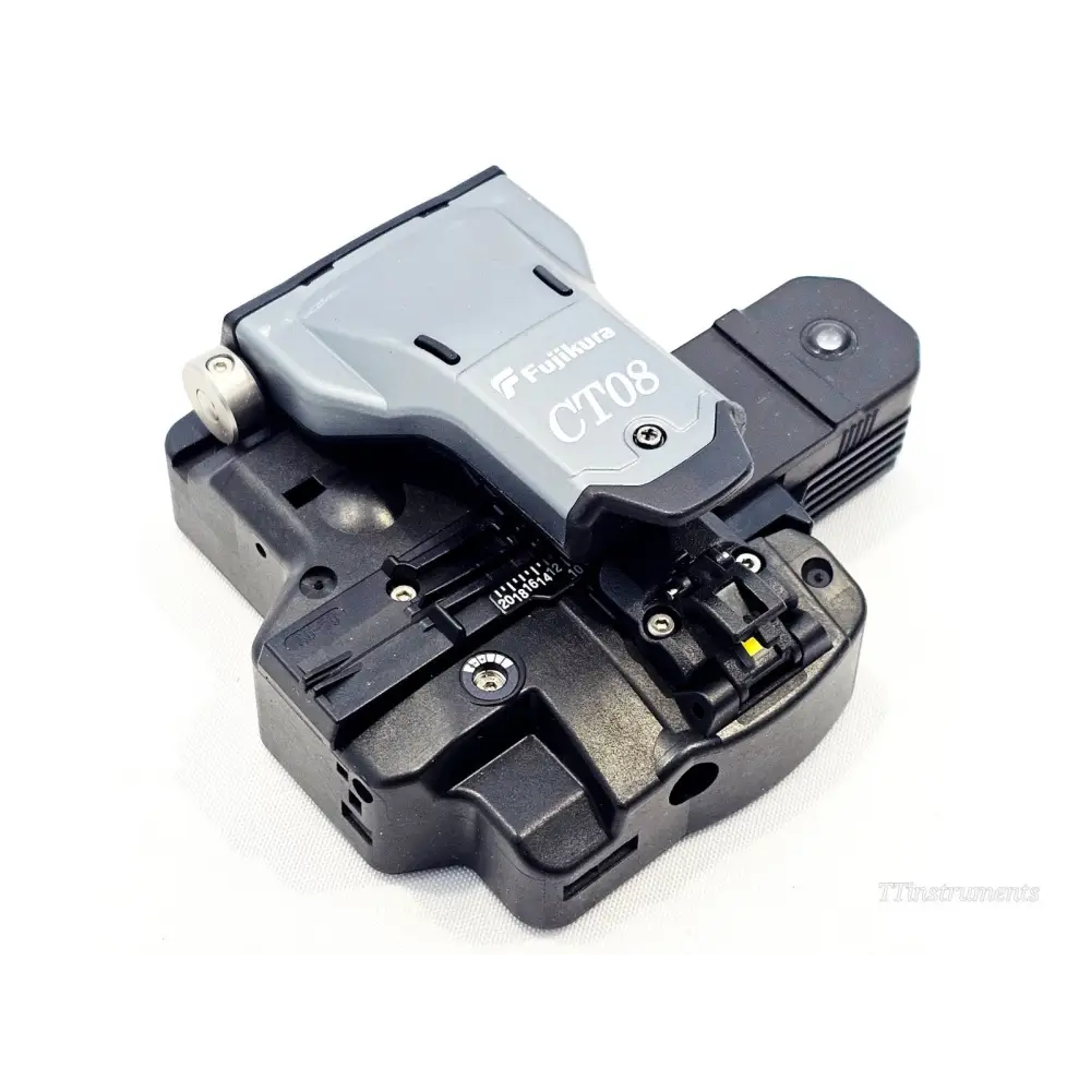 Fujikura CT08 fibre cleaver front three-quarter view showing grey blade housing and black body