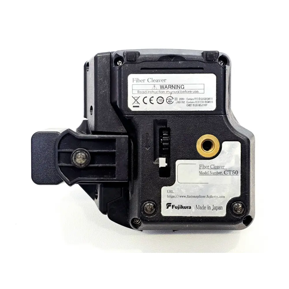 Fujikura CT50 fibre cleaver rear label showing model number CT50, Made in Japan and regulatory markings