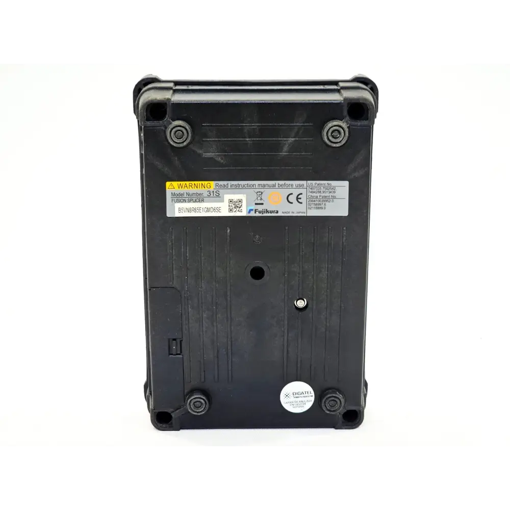 Fujikura 31S fusion splicer base label showing model number, serial number B5VN8R65E1GMD6SE and Made in Japan