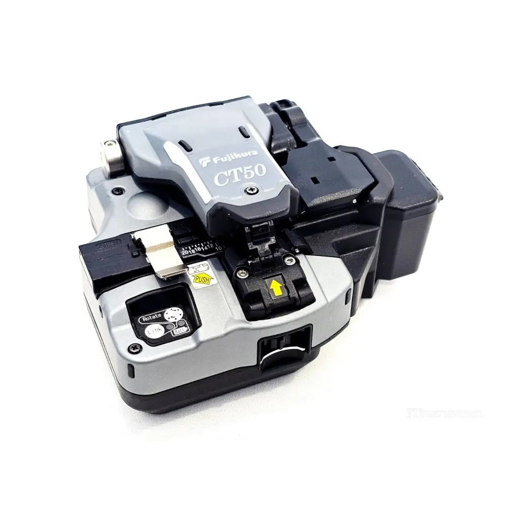 Fujikura 41S+ splicer showing battery pack and AC adapter