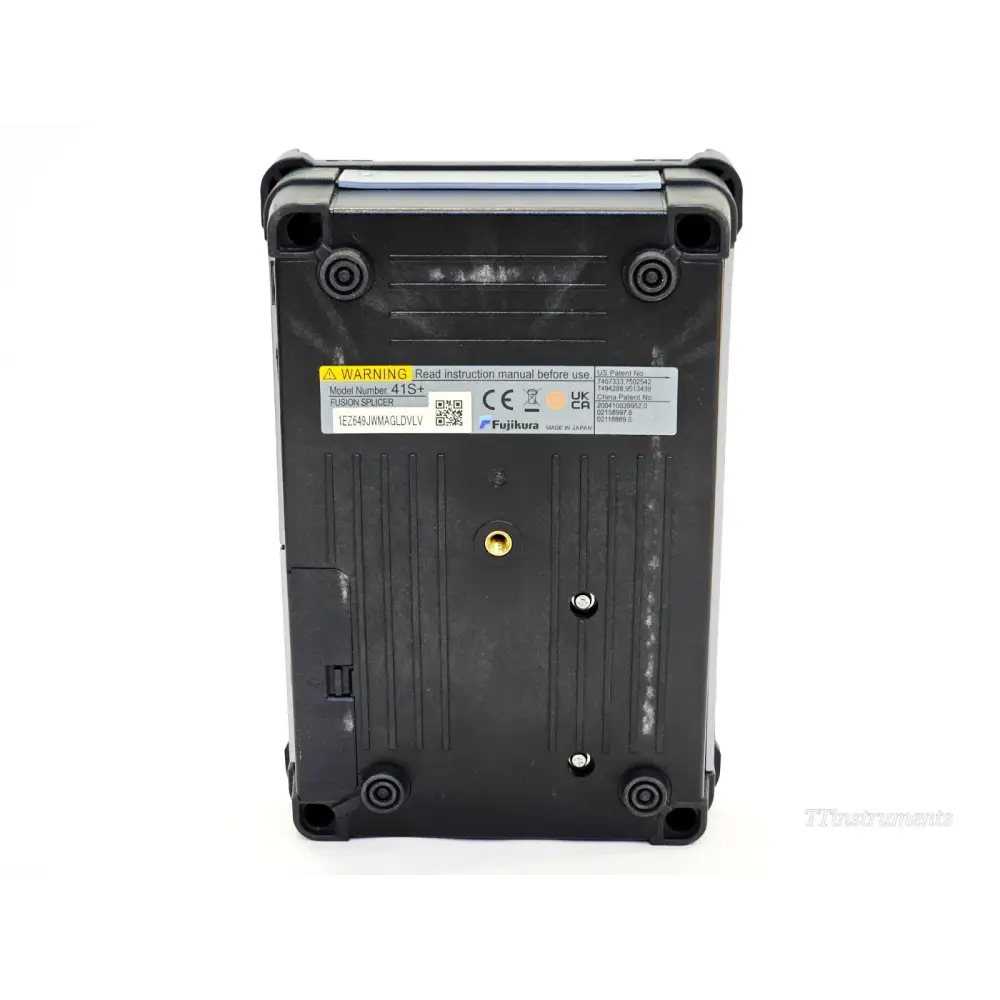 Fujikura 41S+ fusion splicer base label showing model number 41S+, serial number 1EZ649JWMAGLDVLV, CE and UKCA marks