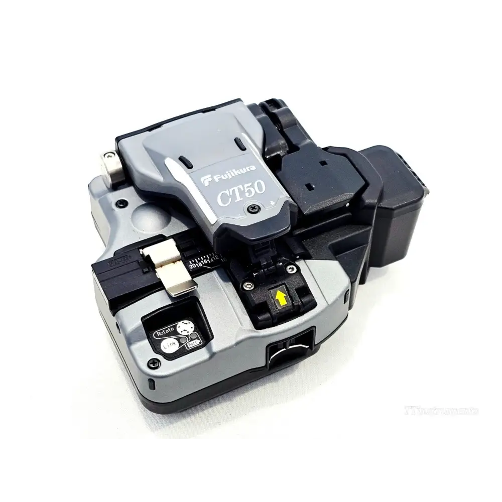 Fujikura CT50 fibre cleaver angled view showing blade mechanism, waste box, and Rotate/Link/Batt controls