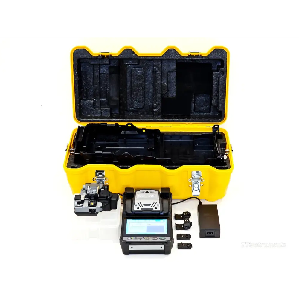 Fujikura 41S+ fusion splicer kit with CT50 cleaver, AC adapter, battery pack, holders, and open yellow hard case