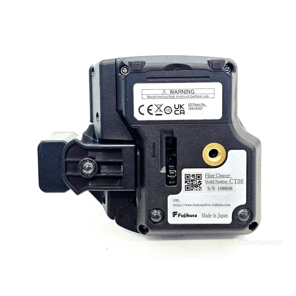 Fujikura CT50 fibre cleaver rear label showing model CT50, serial number 106606, CE and UKCA marks, Made in Japan
