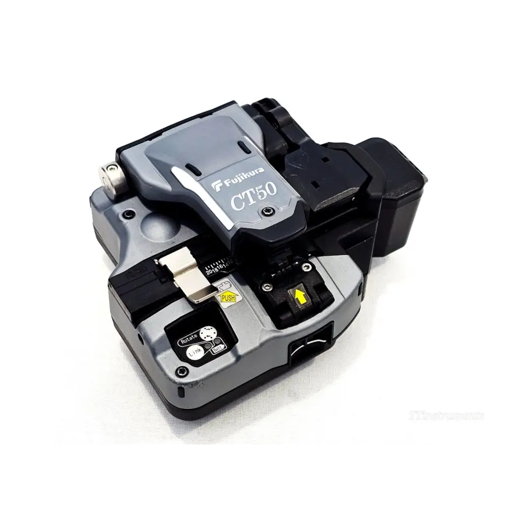 Fujikura CT50 fibre cleaver angled view showing blade mechanism, Rotate Link dial, PUSH lever and yellow blade indicator
