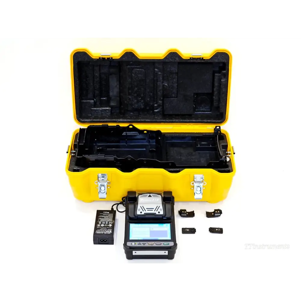 Fujikura 41S fusion splicer with yellow hard carry case open, AC adapter, and fibre holder clamps laid out