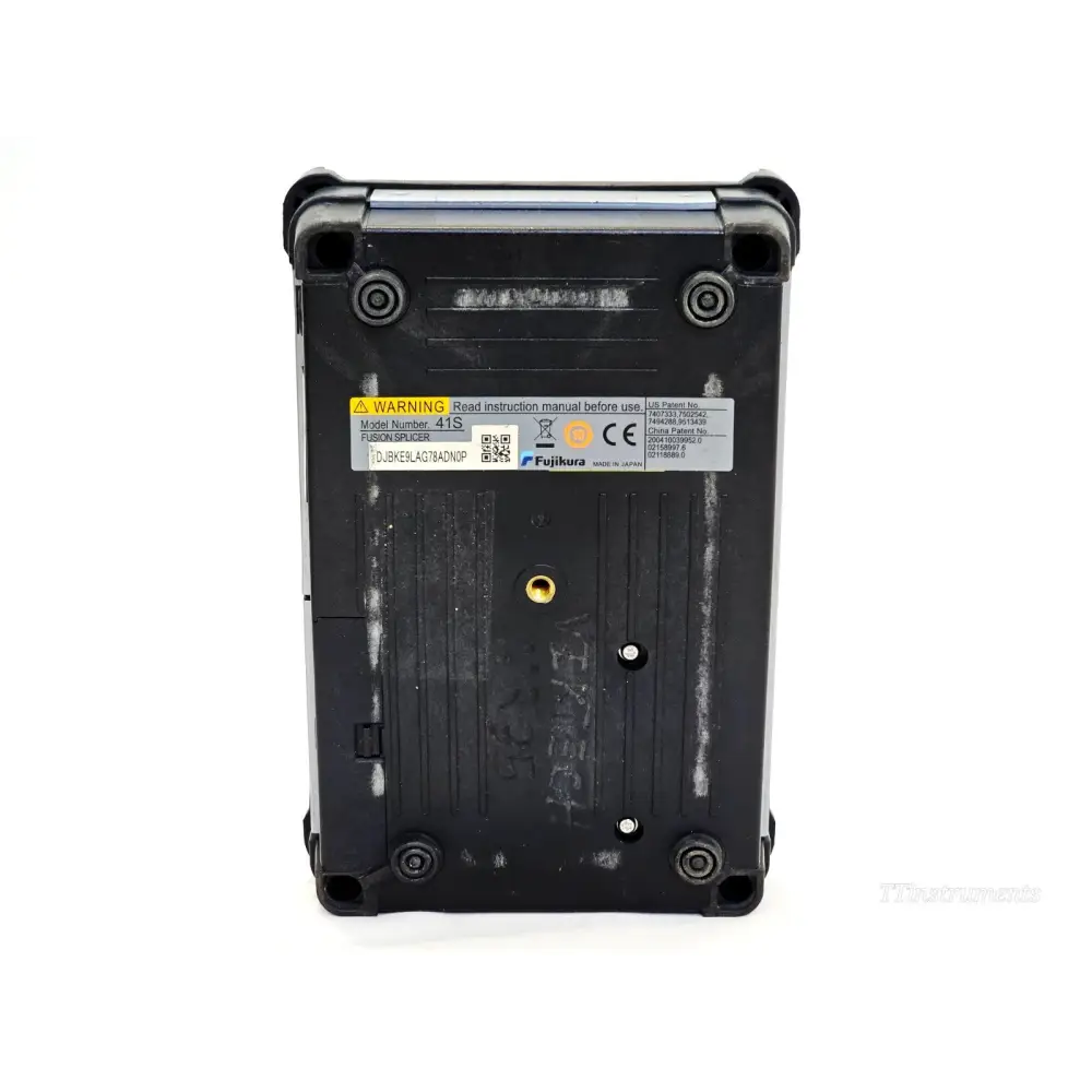 Fujikura 41S fusion splicer base label showing model number 41S, serial DJBKE9LAG78ADN0P, CE marking, Made in Japan