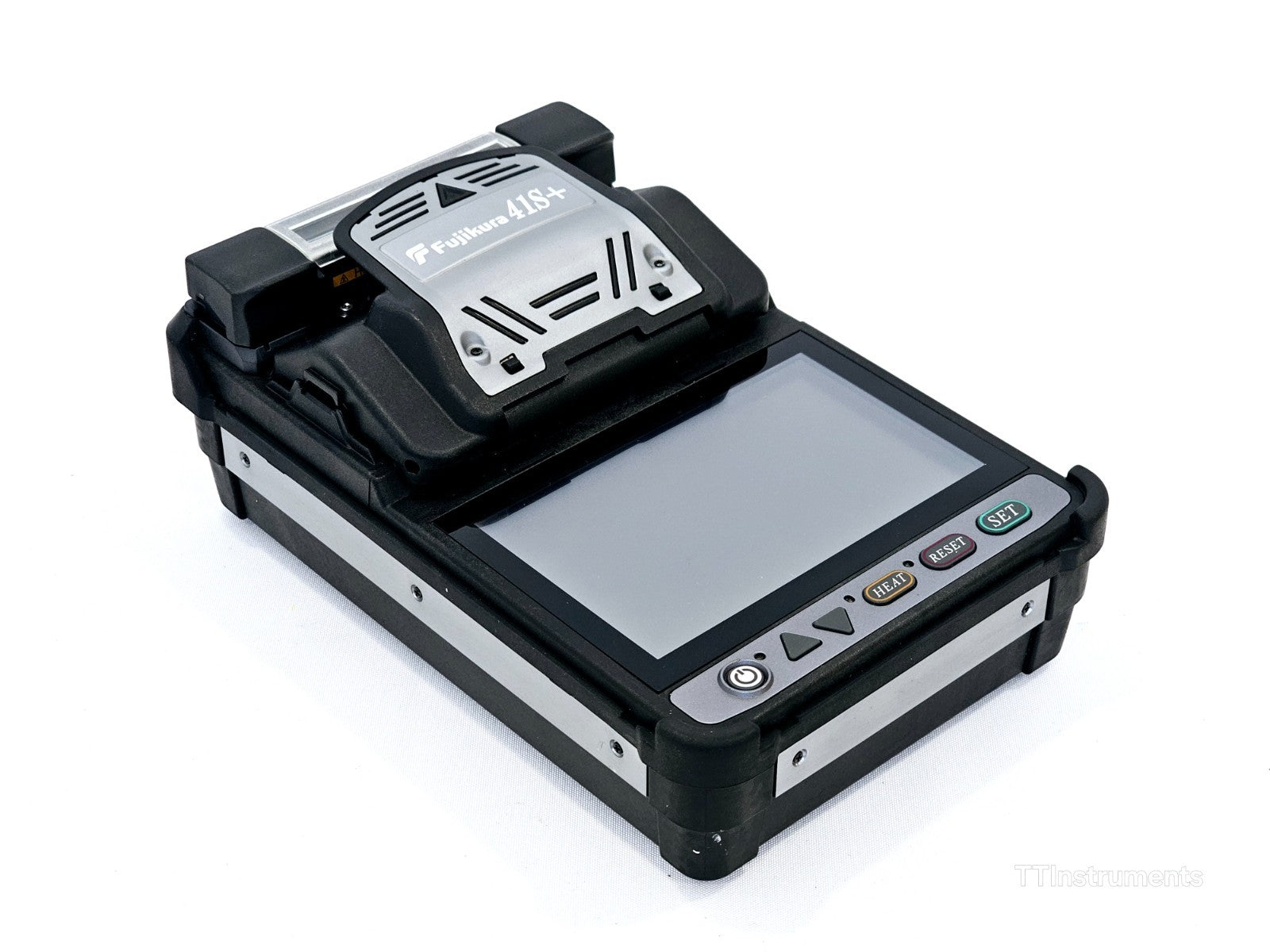 Fujikura 41S+ splicer V-groove and electrode assembly close-up detail