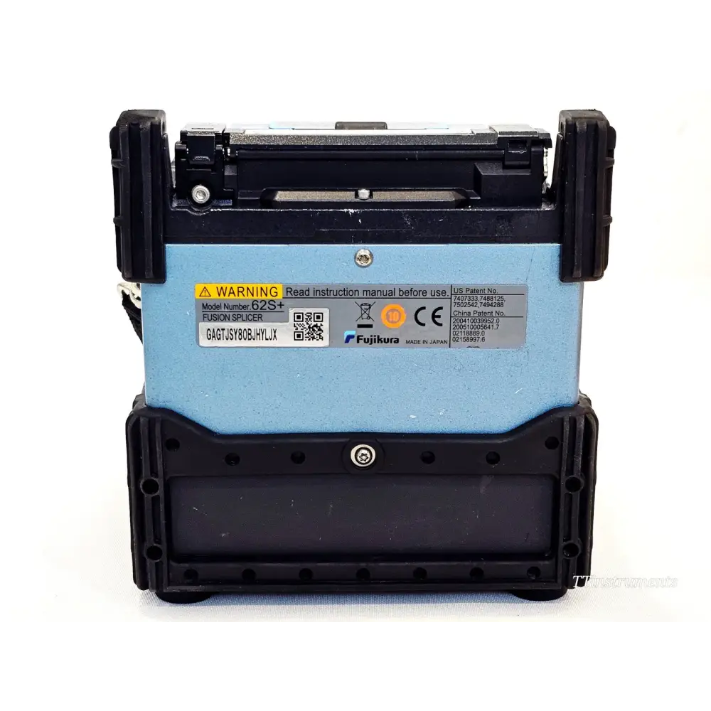 Fujikura FSM-62S+ rear panel showing model number label, serial number GAGTJSY80BJHYLJX and CE marking