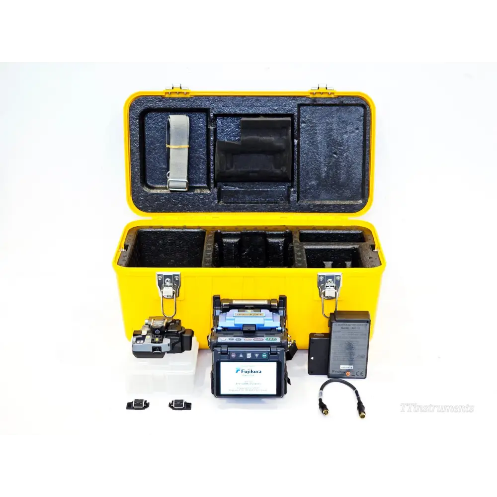 Refurbished Fujikura 62S+ SM MM core alignment fusion splicer front view with carrying case