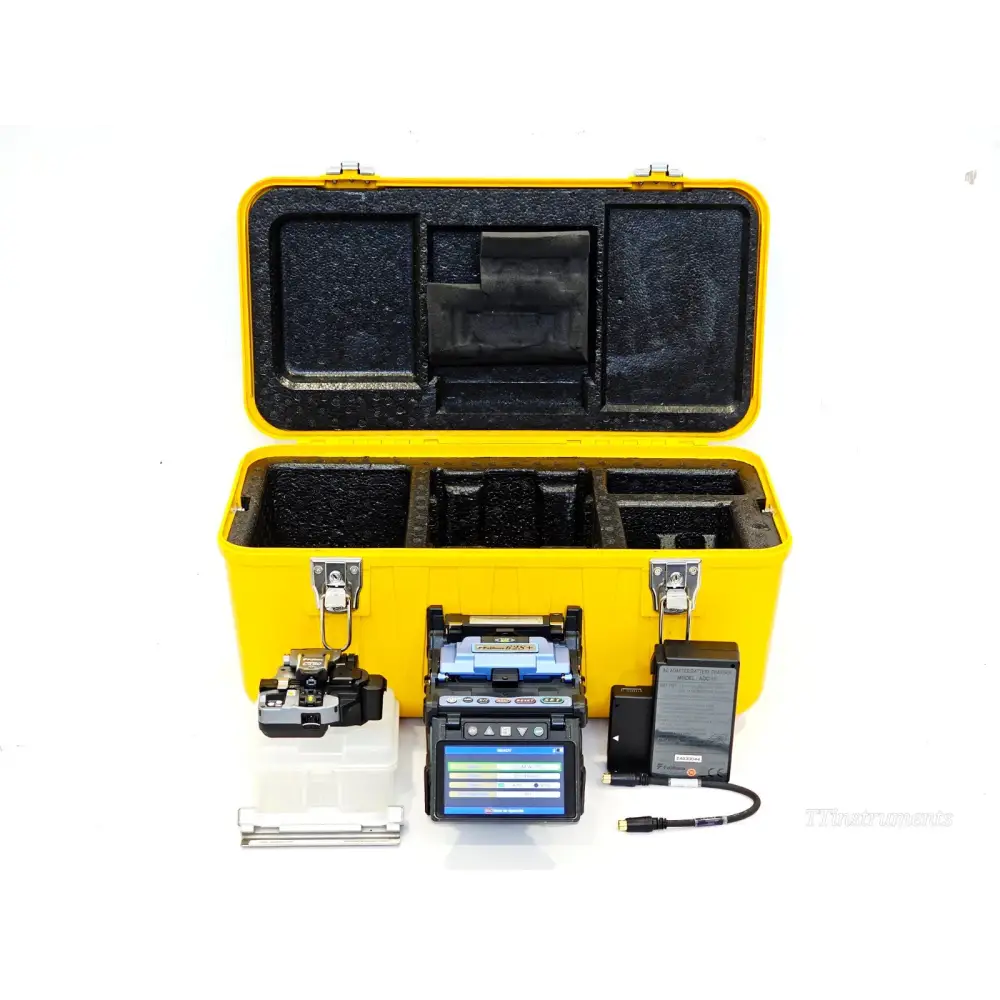 Fujikura FSM-62S+ fusion splicer kit with CT50 cleaver, battery pack, AC adapter and yellow hard carry case