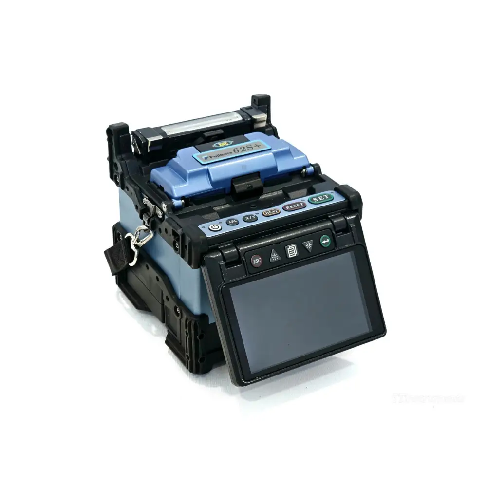 Fujikura 62S+ fusion splicer open splicing bay showing fibre clamps and new electrodes