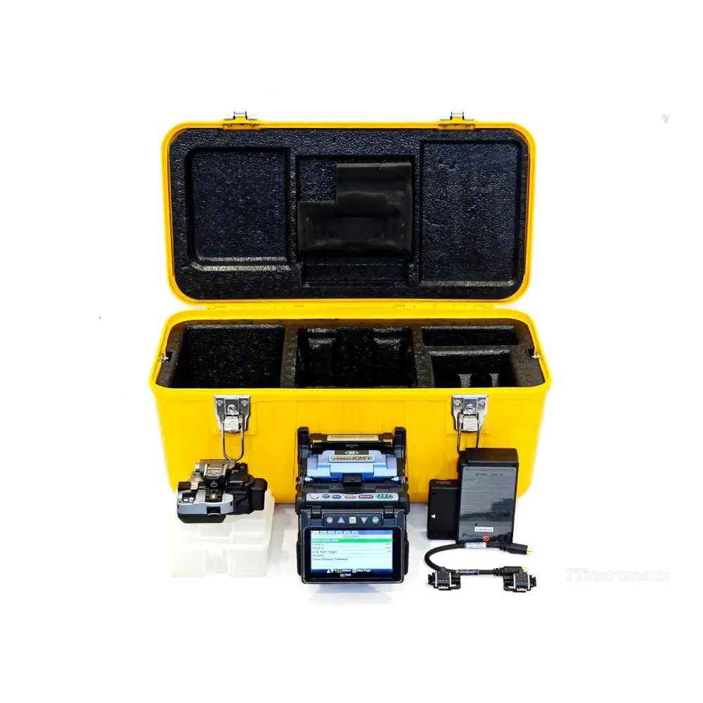 Fujikura FSM-62S+ fusion splicer kit with CT50 cleaver, AC adapter, battery pack and yellow hard carry case