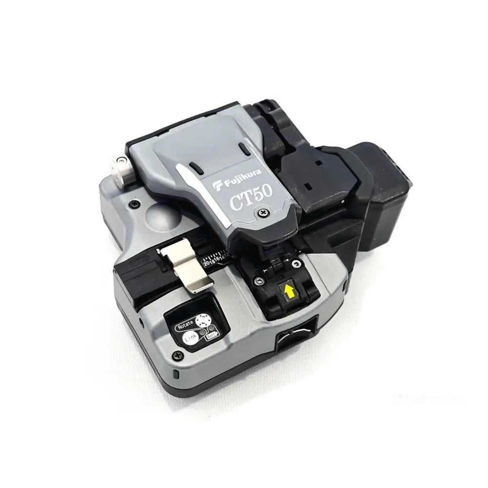 Close-up of Fujikura 62S+ splicer showing new electrodes and fibre clamp holders