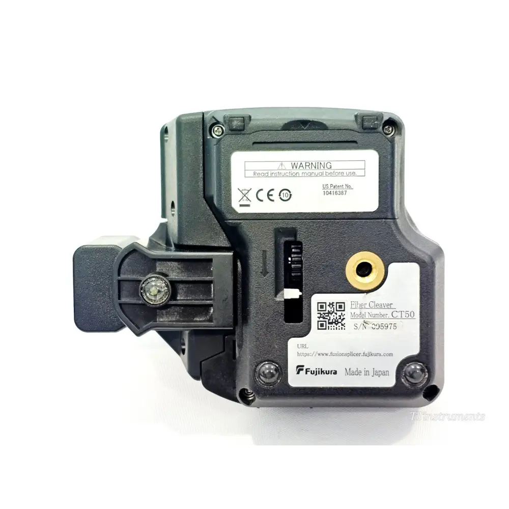 Fujikura CT50 fibre cleaver rear label showing model CT50, serial 095975, Fiber Cleaver designation and Made in Japan